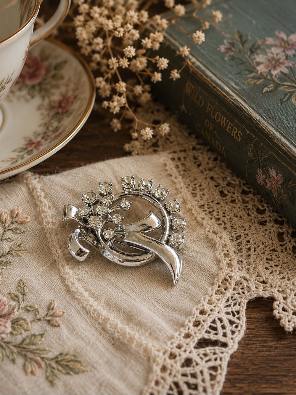 Vintage Silver Tone Clear Rhinestone Floral Swirl Brooch Retro Statement Pin Gif